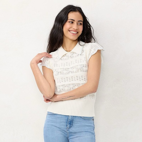 LC Lauren Conrad XL White Pointelle Knit Flutter Sleeve Crochet Sweater Top NEW - Picture 2 of 10